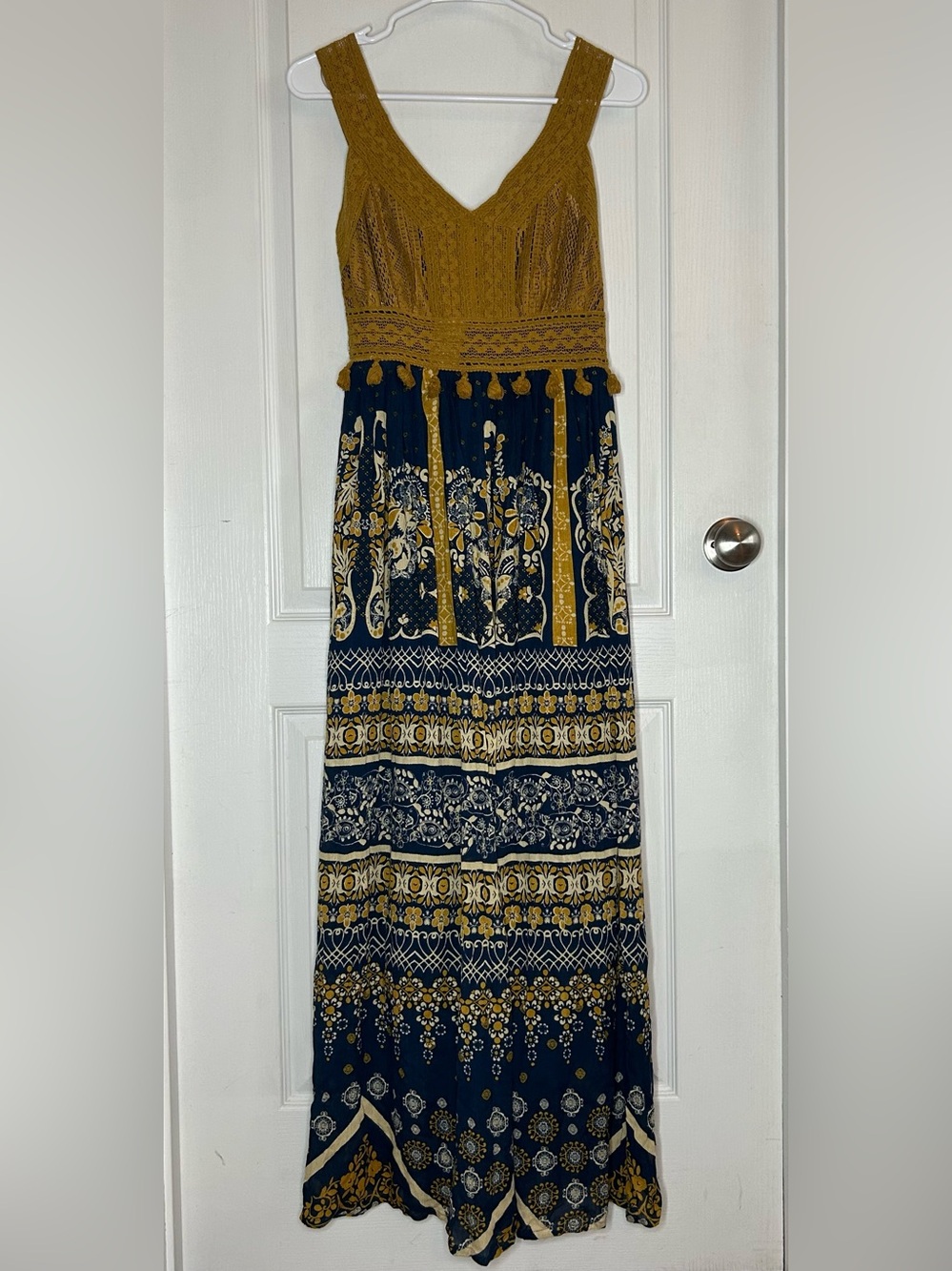 Indigo Thread Co Sz XS Maxi Boho Crochet Tassel Dress Hippie Festival Flowy